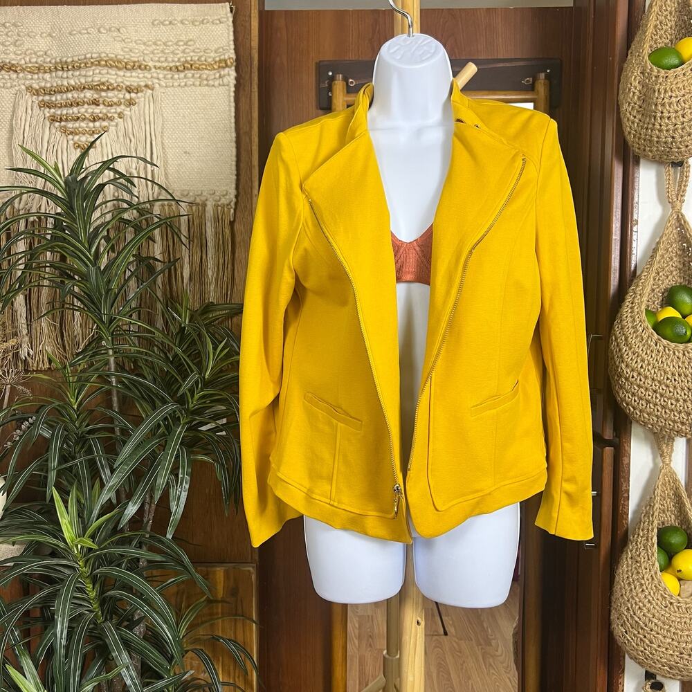 Anne Klein Yellow Jacket Womens M Asym Zip Moto Knit Blazer Buckle Stretch Coat